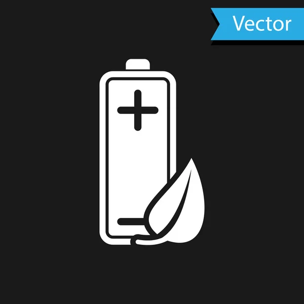 Weißes Öko-Naturblatt und Batterie-Symbol isoliert auf schwarzem Hintergrund. Energie basierend auf ökologischem Sparkonzept. Vektorillustration — Stockvektor