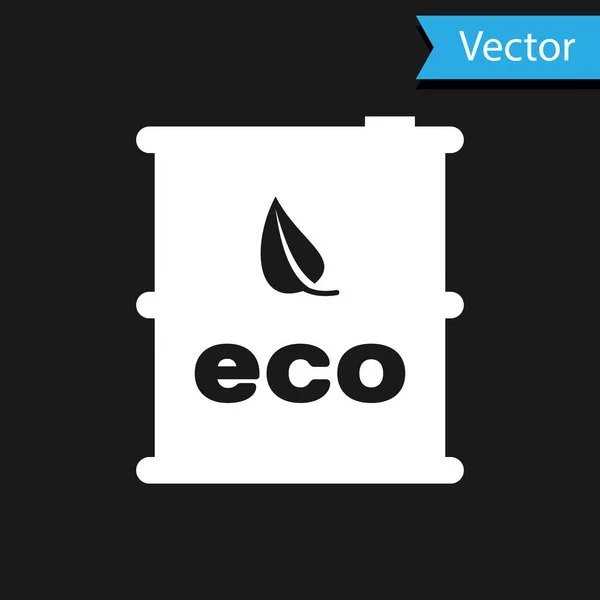 Icono blanco del barril de combustible Bio aislado sobre fondo negro. Eco bio y bote. Medio ambiente verde y reciclaje. Ilustración vectorial — Vector de stock