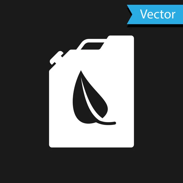 Icono del bidón de combustible Bio blanco aislado sobre fondo negro. Eco bio y barril. Medio ambiente verde y reciclaje. Ilustración vectorial — Vector de stock