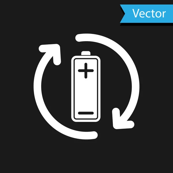 Weiße Batterie mit Recycling-Symbol Zeilensymbol isoliert auf schwarzem Hintergrund. Batterie mit Recycling-Symbol - Konzept für erneuerbare Energien. Vektorillustration — Stockvektor