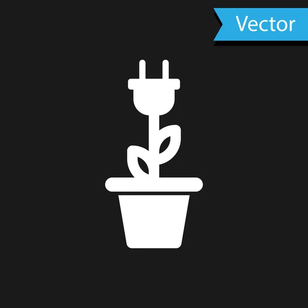 Weißer Stromsparstecker in Topfsymbol isoliert auf schwarzem Hintergrund. Energie sparen Stromsymbol. Umweltschutz-Symbol. Bioenergie. Vektorillustration — Stockvektor