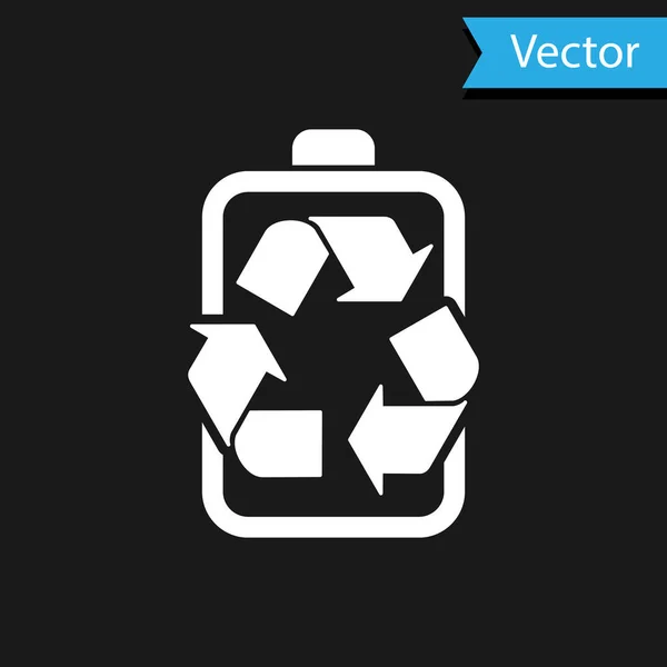 Weiße Batterie mit Recycling-Symbol Zeilensymbol isoliert auf schwarzem Hintergrund. Batterie mit Recycling-Symbol - Konzept für erneuerbare Energien. Vektorillustration — Stockvektor
