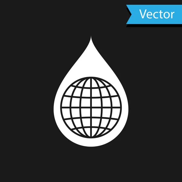 Planeta Terra Branca em ícone de gota de água isolado no fundo preto. Mundo globo e gota de água. Economia de água e proteção ambiental mundial. Ilustração vetorial — Vetor de Stock