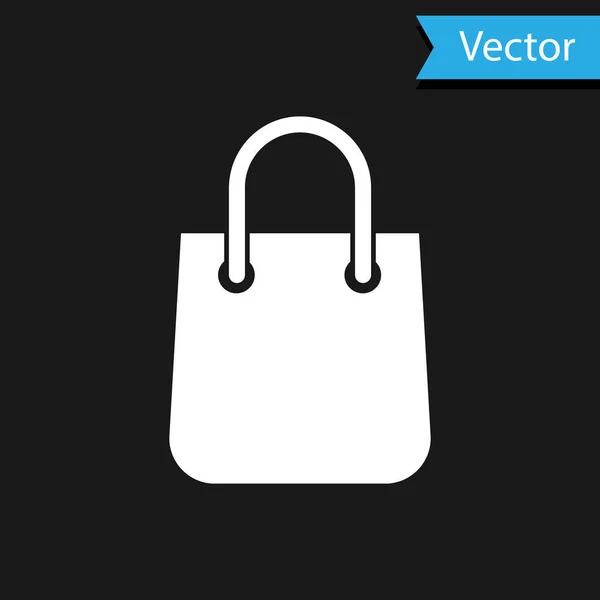 Weiße Einkaufstasche Symbol isoliert auf schwarzem Hintergrund. Paketschild. Vektorillustration — Stockvektor