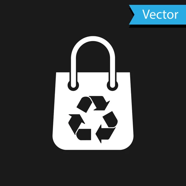 Weiße Einkaufstasche aus Papier mit Recycling-Symbol isoliert auf schwarzem Hintergrund. Tasche mit Recycling-Symbol. Vektorillustration — Stockvektor