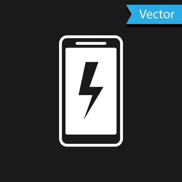 Icono de batería de carga de Smartphone blanco aislado sobre fondo negro. Teléfono con una carga de batería baja. Ilustración vectorial — Vector de stock