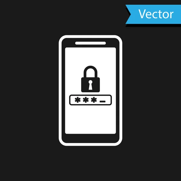 Icono blanco de protección de teléfono móvil y contraseña aislado sobre fondo negro. Seguridad, seguridad, acceso personal, autorización del usuario, privacidad. Ilustración vectorial — Vector de stock