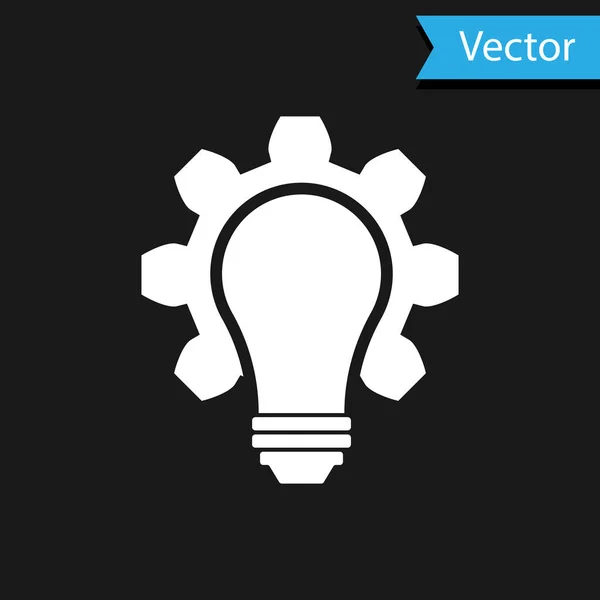 Lâmpada de luz branca e ícone de engrenagem isolado no fundo preto. Conceito de inovação. Ideia de negócio. Ilustração vetorial — Vetor de Stock
