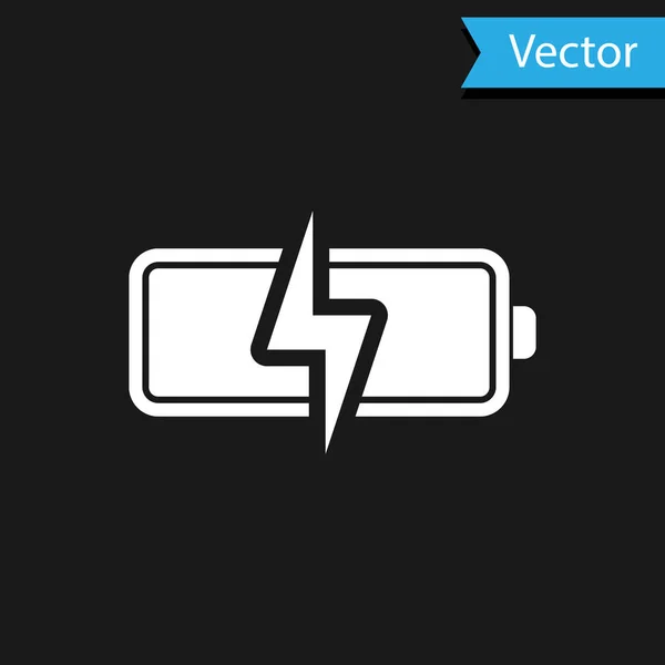 Weißes Batterie-Symbol isoliert auf schwarzem Hintergrund. Blitz-Symbol. Vektorillustration — Stockvektor