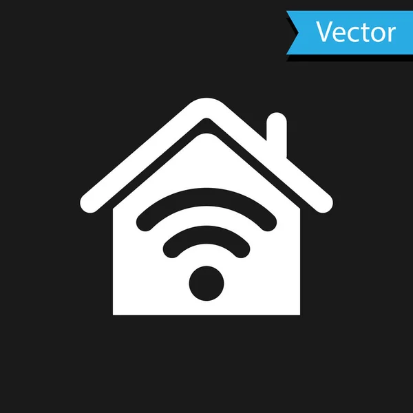 Casa Smart blanca con icono wi-fi aislado sobre fondo negro. Control remoto. Ilustración vectorial — Vector de stock