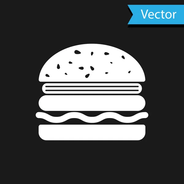 White-Burger-Symbol isoliert auf schwarzem Hintergrund. Hamburger Ikone. Cheeseburger Sandwich-Schild. Vektorillustration — Stockvektor