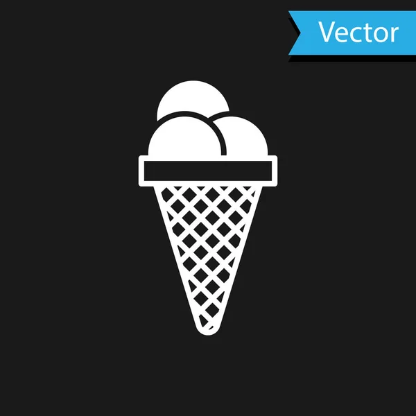 Gelado branco no ícone de cone de waffle isolado no fundo preto. Símbolo doce. Ilustração vetorial — Vetor de Stock