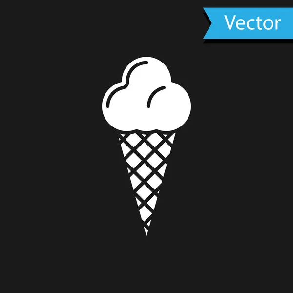 Weißes Eis in Waffelkegel Symbol isoliert auf schwarzem Hintergrund. Süßes Symbol. Vektorillustration — Stockvektor
