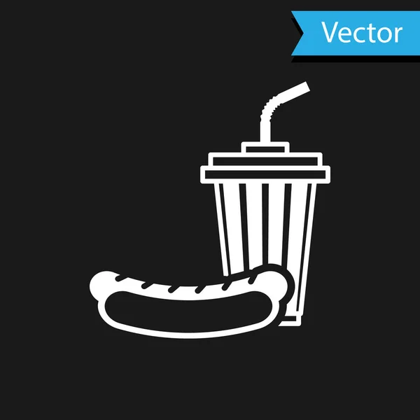 Soda branca e ícone de cachorro-quente isolado no fundo preto. Símbolo de comida rápida. Ilustração vetorial — Vetor de Stock