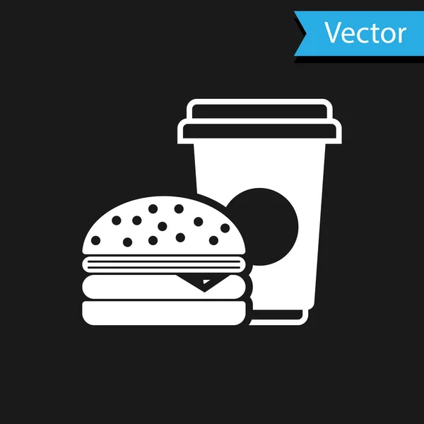 Icono de café blanco y hamburguesa aislado sobre fondo negro. Un símbolo de comida rápida. Ilustración vectorial — Vector de stock