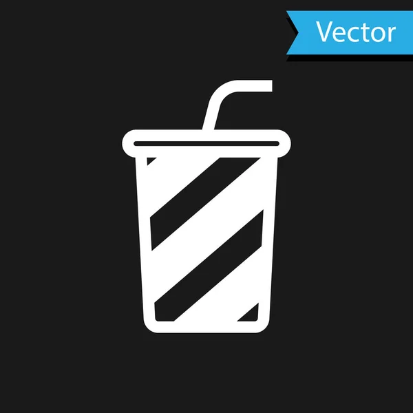 Verre blanc avec icône d'eau isolée sur fond noir. Verre à soda avec paille à boire. Symbole de boisson fraîche froide. Illustration vectorielle — Image vectorielle