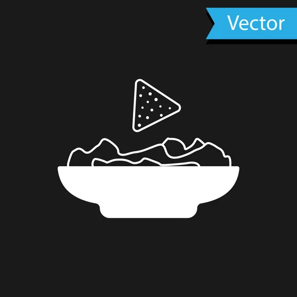 Nachos blancs dans l'icône de la plaque isolé sur fond noir. Tortilla chips ou nachos tortillas. Restauration rapide mexicaine traditionnelle. Illustration vectorielle — Image vectorielle