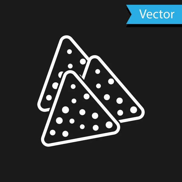 Icono blanco de Nachos aislado sobre fondo negro. Tortillas de tortilla o nachos. Comida rápida mexicana tradicional. Ilustración vectorial — Vector de stock