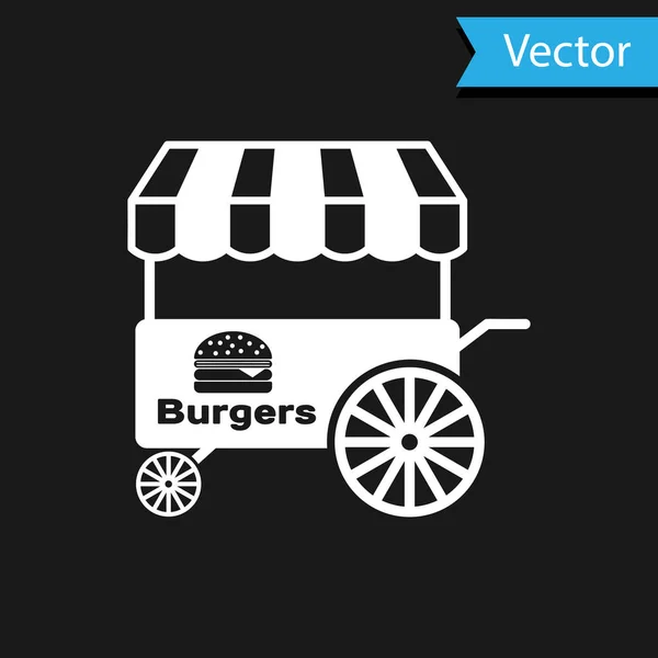 White Fast carrinho de comida de rua com ícone toldo isolado no fundo preto. Ícone de hambúrguer ou hambúrguer. Quiosque urbano. Ilustração vetorial — Vetor de Stock