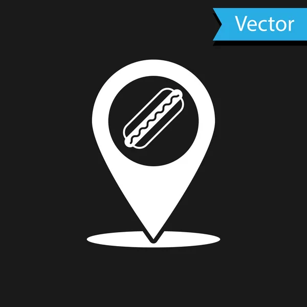 Weißer Kartenzeiger mit Fast-Food-Hotdog-Symbol auf schwarzem Hintergrund. Wurst Ikone. Vektorillustration — Stockvektor