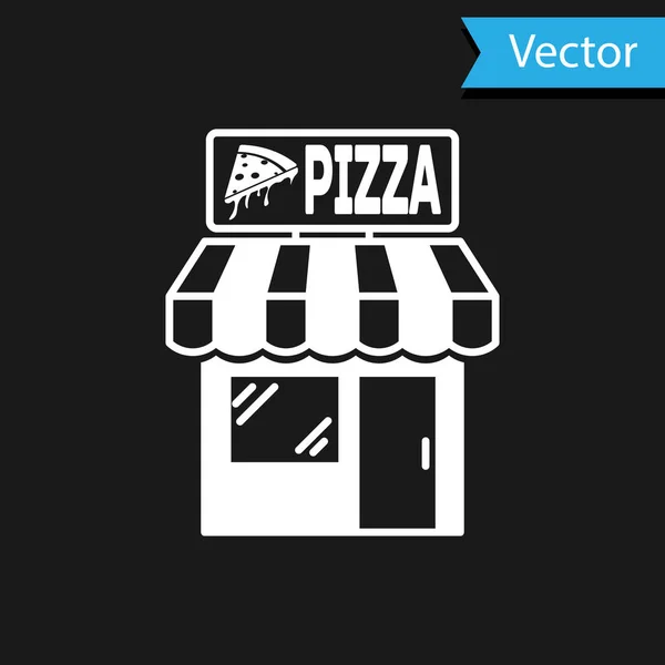 Ícone de fachada de construção de pizzaria branca isolado em fundo preto. Quiosque de pizzaria de comida rápida. Ilustração vetorial — Vetor de Stock
