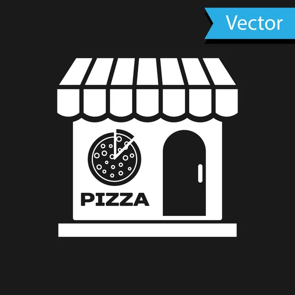 Ícone de fachada de construção de pizzaria branca isolado em fundo preto. Quiosque de pizzaria de comida rápida. Ilustração vetorial — Vetor de Stock