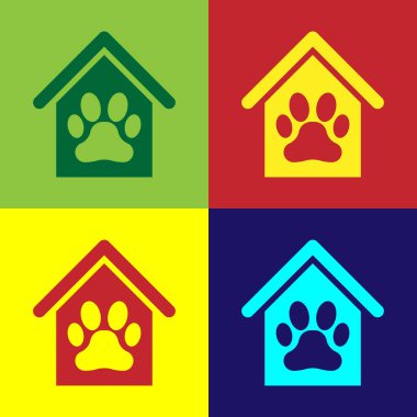 Renk Köpek ev ve pençe baskı pet simgesi renk arka planlar da izole. Köpek kulübesi. Vektör İllüstrasyonu