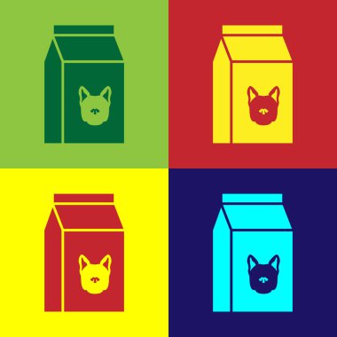 Renk arka planlarda izole köpek simgesi için gıda Renk Çanta. Hayvanlar için yiyecek. Evcil hayvan yiyecek paketi. Vektör İllüstrasyonu