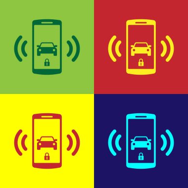 Renk arka planlarda yalıtılmış Color Smart araç alarm sistemi simgesi. Akıllı telefon kablosuz araç güvenliğini kontrol eder. Vektör İllüstrasyonu