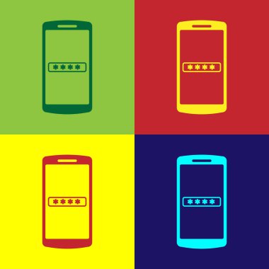 Renkli Cep telefonu ve parola koruma simgesi renk arka planlarda yalıtılmış. Güvenlik, güvenlik, kişisel erişim, kullanıcı izni, gizlilik. Vektör İllüstrasyonu