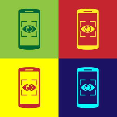 Renk Cep telefonu ve göz tonu simgesi renk arka planlarda izole. Tarama gözü. Güvenlik kontrolü sembolü. Siber göz işareti. Vektör İllüstrasyonu