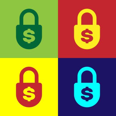Renk arka planlarda yalıtılmış Renk Para kilidi simgesi. Asma kilit ve dolar sembolü. Finans, güvenlik, güvenlik, koruma, gizlilik kavramı. Vektör İllüstrasyonu