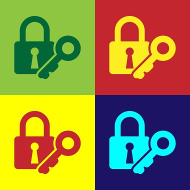 Renk Kilidi ve renk arka planlarında yalıtılmış anahtar simgesi. Asma kilit işareti. Güvenlik, güvenlik, koruma, gizlilik kavramı. Vektör İllüstrasyonu