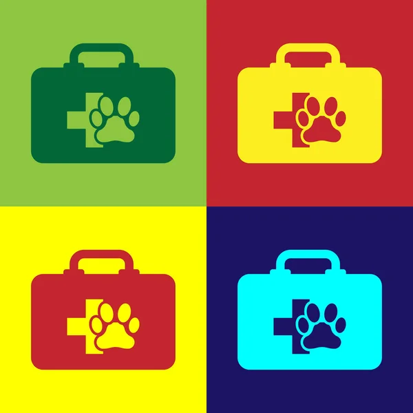 Color Pet primul ajutor kit pictograma izolat pe fundaluri de culoare. Amprentă de câine sau de pisică. Cutie clinică. Vector Illustration — Vector de stoc