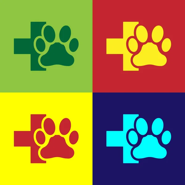 Color Veterinary clinic symbol icon isolated on color backgrounds. Cross hospital sign. A stylized paw print dog or cat. Pet First Aid sign. Vector Illustration — Stock Vector