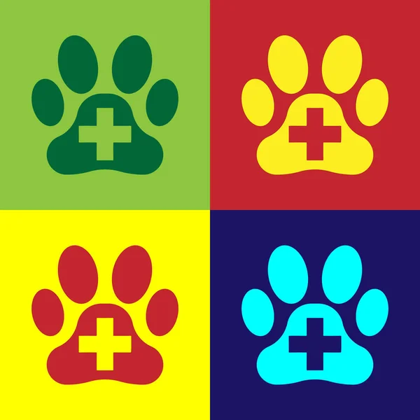 Color Veterinary clinic symbol icon isolated on color backgrounds. Cross hospital sign. A stylized paw print dog or cat. Pet First Aid sign. Vector Illustration — Stock Vector
