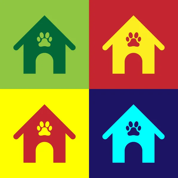 Кольоровий будинок собаки і лапа друкують піктограму домашньої тварини ізольовані на кольоровому фоні. Собачий розплідник. Векторна ілюстрація — стоковий вектор