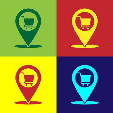 Renkli arka planlarda yalıtılmış alışveriş sepeti simgesine sahip Renk Haritası işaretçisi. Pin point dükkanı ve alışveriş. Süpermarket sepeti sembolü. Vektör İllüstrasyonu