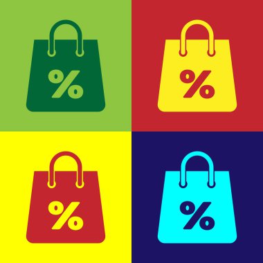 Renk arka planlarda yalıtılmış bir yazıt yüzde indirim simgesi ile Renk Shoping çanta. Çanta tabelası. Kadın çantası simgesi. Kadın çanta tabelası. Vektör İllüstrasyonu