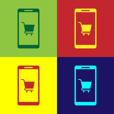 Renk Cep telefonu ve alışveriş sepeti simgesi renk arka planlarda izole. Online satın alma sembolü. Süpermarket sepeti sembolü. Vektör İllüstrasyonu
