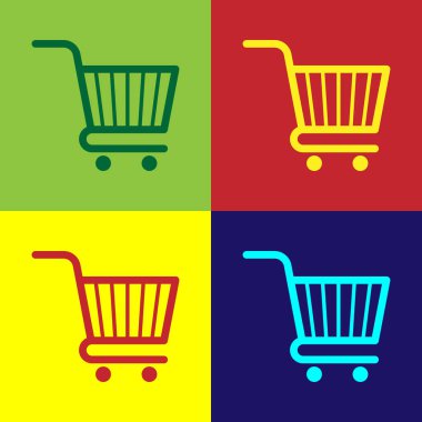 Renkli Arka planlarda yalıtılmış Renkli Alışveriş sepeti simgesi. Online satın alma konsepti. Teslimat hizmeti işareti. Süpermarket sepeti sembolü. Vektör İllüstrasyonu
