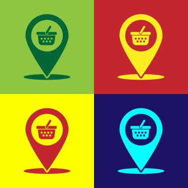 Renk arka planlarda yalıtılmış alışveriş sepeti simgesi ne şr Pin point dükkanı ve alışveriş. Süpermarket sepeti sembolü. Vektör İllüstrasyonu