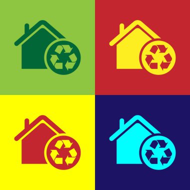Renk arka planlar da izole geri dönüşüm sembolü simgesi ile Renk Eko Ev. Geri dönüşüm okları ile Ekoloji ev. Vektör İllüstrasyonu