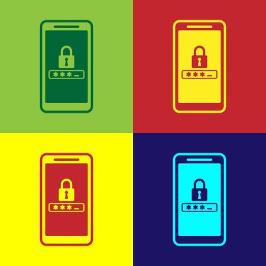 Renkli Cep telefonu ve parola koruma simgesi renk arka planlarda yalıtılmış. Güvenlik, güvenlik, kişisel erişim, kullanıcı izni, gizlilik. Vektör İllüstrasyonu