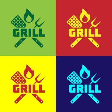 Renk çapraz çatal ve spatula simgesi renk arka planlarda izole. Ateş alev işareti. Barbekü çatal ve spatula işareti. Barbekü ve ızgara aletleri. Vektör İllüstrasyonu