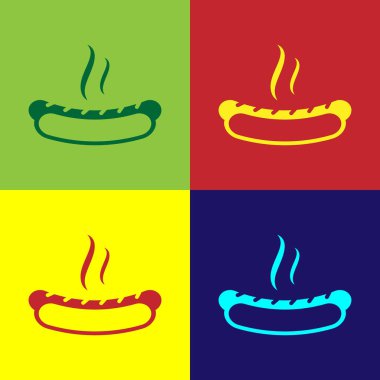 Renk arka planlar izole hardal simgesi ile Renkli Hotdog sandviç. Sosis simgesi. Fast food işareti. Vektör İllüstrasyonu