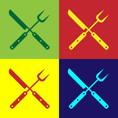 Renk Çapraz bıçak ve spatula simgesi renk arka planlar da izole. Barbekü bıçağı ve spatula işareti. Barbekü ve ızgara aletleri. Vektör İllüstrasyonu