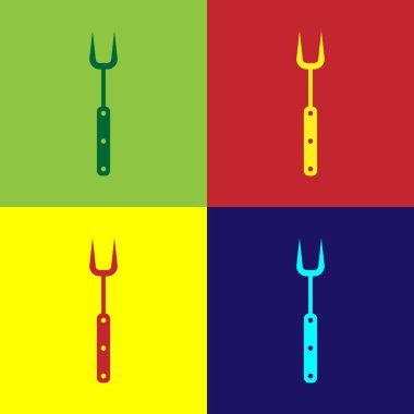 Renk arka planlarda izole renkli Barbekü çatal simgesi. Barbekü çatal işareti. Barbekü ve ızgara aracı. Vektör İllüstrasyonu