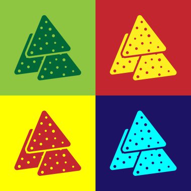 Renk arka planlarda yalıtılmış renk Nachos simgesi. Tortilla cipsi veya nachos tortilla. Geleneksel Meksika fast food'u. Vektör İllüstrasyonu