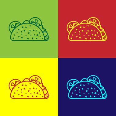 Renk arka planlarda izole tortilla simgesi ile Renk Taco. Geleneksel Meksika fast food'u. Vektör İllüstrasyonu